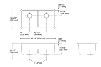 Bản vẽ kỹ thuật Chậu rửa chén 2 hố cân âm bàn KOHLER Cairn K-8199-CM1
