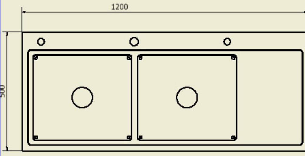 Bản vẽ kỹ thuật chậu 2 hố kèm bàn SUS304 Tadico LUX.C.120.50.3.GBB1