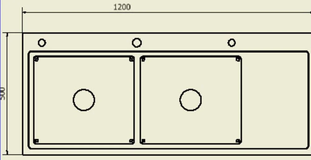 Bản vẽ kỹ thuật chậu 2 hố kèm bàn SUS304 Tadico LUX.C.120.50.3.GBB1