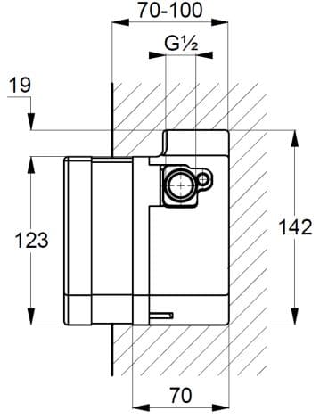 Bản vẽ kỹ thuật hộp van điện tử âm tường dùng pin Kludi Đức 38004