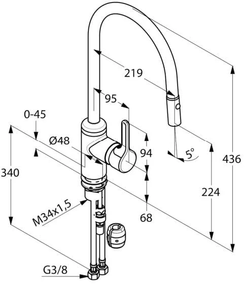 Bản vẽ kỹ thuật của vòi rửa bát nhập khẩu Đức Kludi 428520578