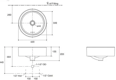 Bản vẽ kỹ thuật Chậu rửa đặt bàn hình tròn Kohler Mica K-14800T-0