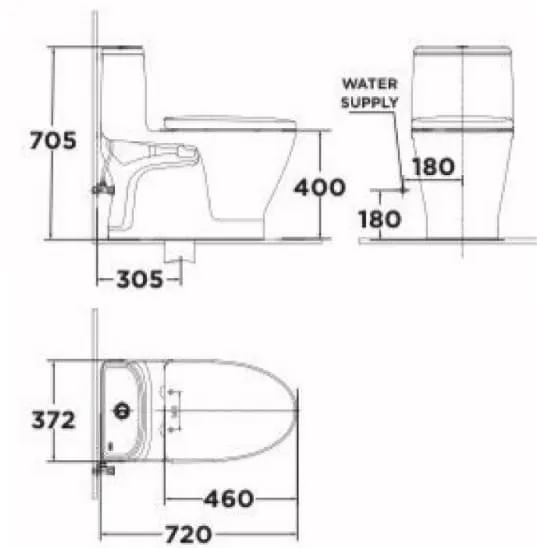 Bản vẽ kỹ thuật Bàn cầu 1 khối xả xoáy kép American Standard Loven VF-1863