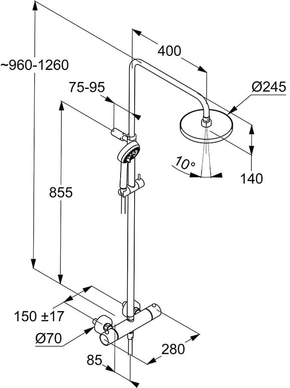 Bản vẽ kỹ thuật sen cây tắm đứng nhiệt độ Kludi 6808239-00
