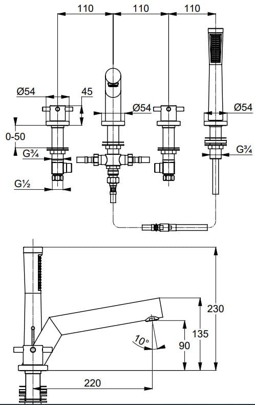 Bản vẽ kỹ thuật sen tắm gắn bồn Kludi 384240520