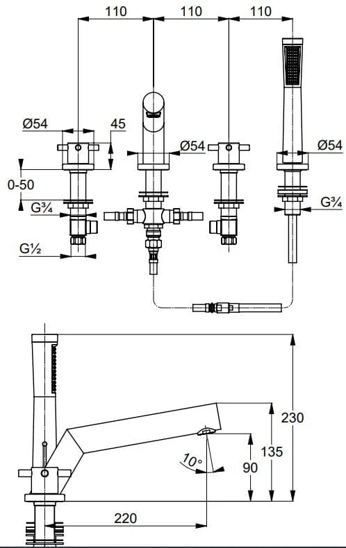 Bản vẽ kỹ thuật sen tắm gắn bồn Kludi 384240520