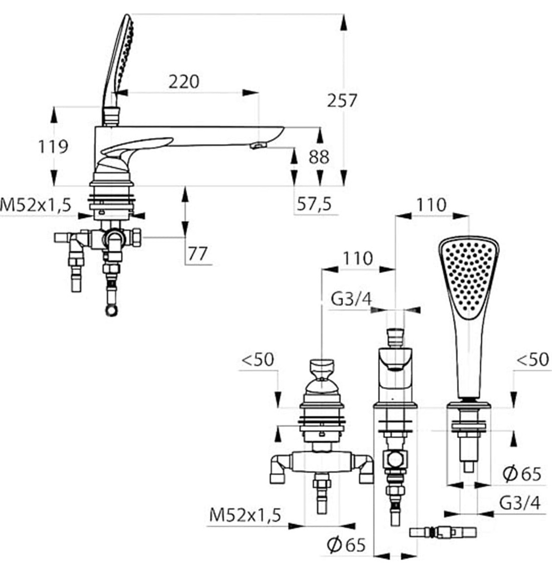 Bản vẽ kỹ thuật sen tắm gắn bồn Kludi 524479175