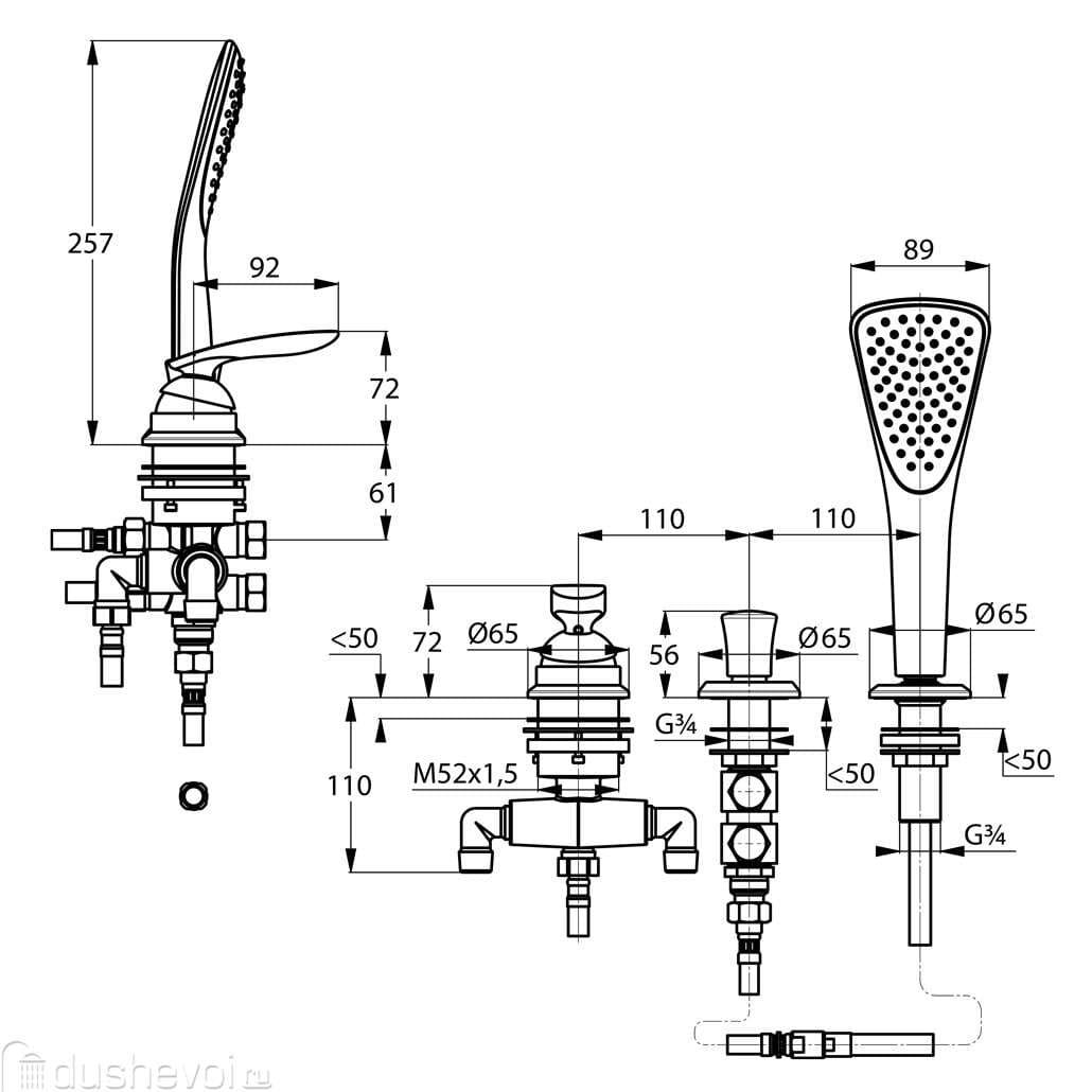 Bản vẽ kỹ thuật sen tắm gắn bồn Kludi 524480575