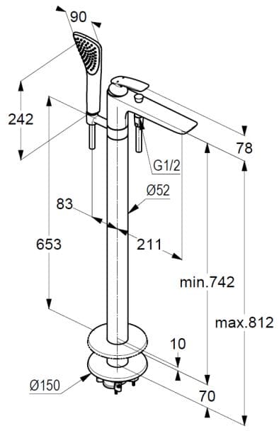 Bản vẽ kỹ thuật sen tắm đặt sàn Kludi 525909175