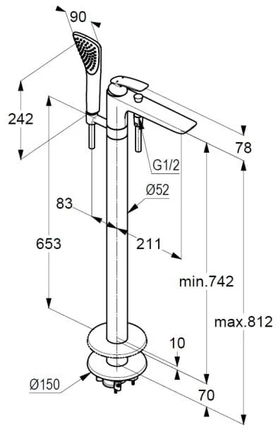 Bản vẽ kỹ thuật sen tắm đặt sàn Kludi 525909175