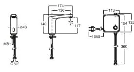 Bản vẽ kỹ thuật Vòi chậu rửa mặt lạnh cảm ứng Roca A5A5309C0N(dùng pin)