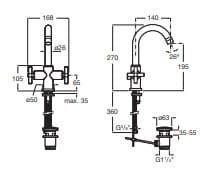 Bản vẽ kỹ thuật Vòi Chậu Rửa Mặt Nóng Lạnh Thân Cao Roca loft Z5A3043C0N