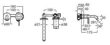 Bản vẽ kỹ thuật Vòi chậu rửa mặt âm tường Roca Ona A5A359ECN0 A5E3501CN0