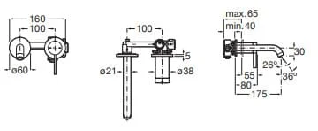Bản vẽ kỹ thuật Vòi chậu rửa mặt âm tường Roca Ona A5A359ERG0 A5E3501RG0