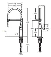 Bản vẽ kỹ thuật Vòi rửa bát nóng lạnh Roca Glera A5A884DC0N