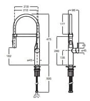 Bản vẽ kỹ thuật Vòi rửa bát nóng lạnh Roca Glera A5A884DC0N