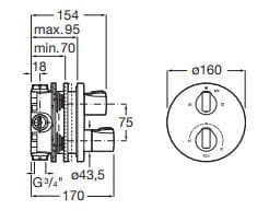 Bản vẽ kỹ thuật Bộ trộn sen âm nhiệt độ T 1000 Roca A5A0D09C0N