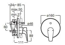 Bản vẽ kỹ thuật Mặt nạ bộ trộn âm tường Roca Atlas A5A0690C00