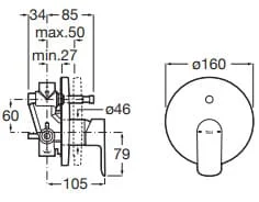 Bản vẽ kỹ thuật Mặt nạ bộ trộn âm tường Roca Cala A5A066EC00