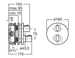 Bản vẽ kỹ thuật Bộ trộn sen âm nhiệt độ T 1000 Roca A5A0D09RG0