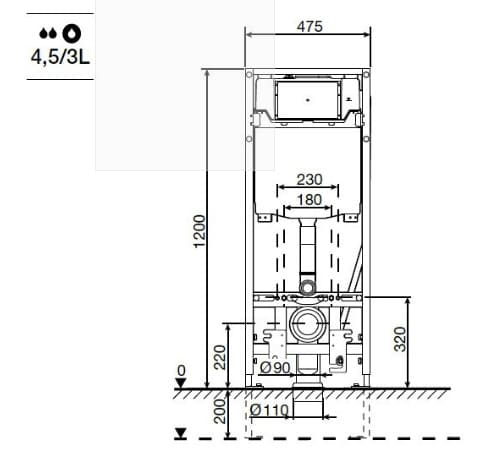 Bản vẽ kỹ thuật Két nước âm tường kèm khung Roca Duplo A8900780CE