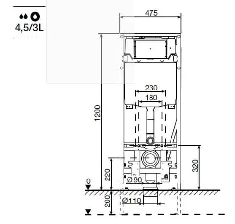 Bản vẽ kỹ thuật Két nước âm tường kèm khung Roca Duplo A8900780CE