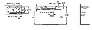 Bản vẽ kỹ thuật Chậu lavabo dương vành Meridian-N Roca A32724E000