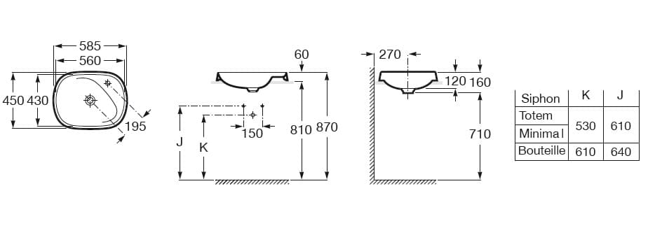 Bản vẽ kỹ thuật Chậu lavabo bán âm bàn Tây Ban Nha Beyond Roca A3270B6660