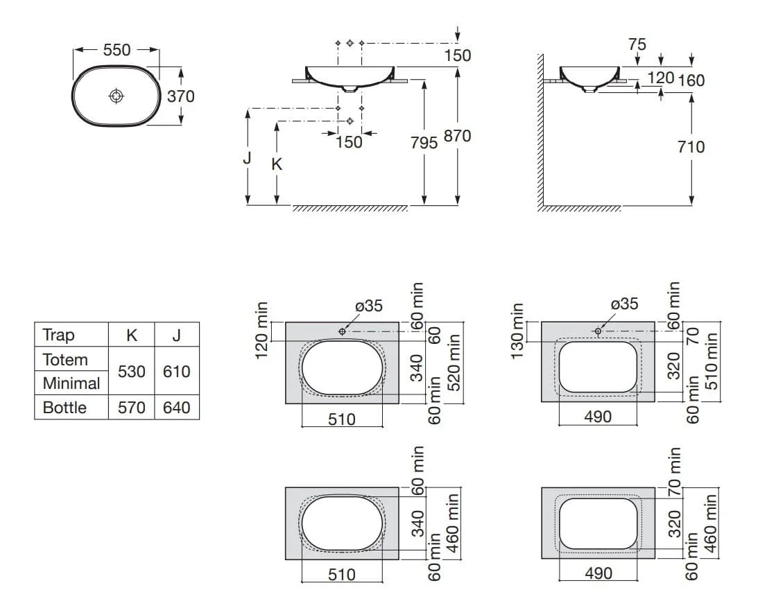 Bản vẽ kỹ thuật chậu lavabo bán âm bàn Tây Ban Nha Inspira Roca A327527630