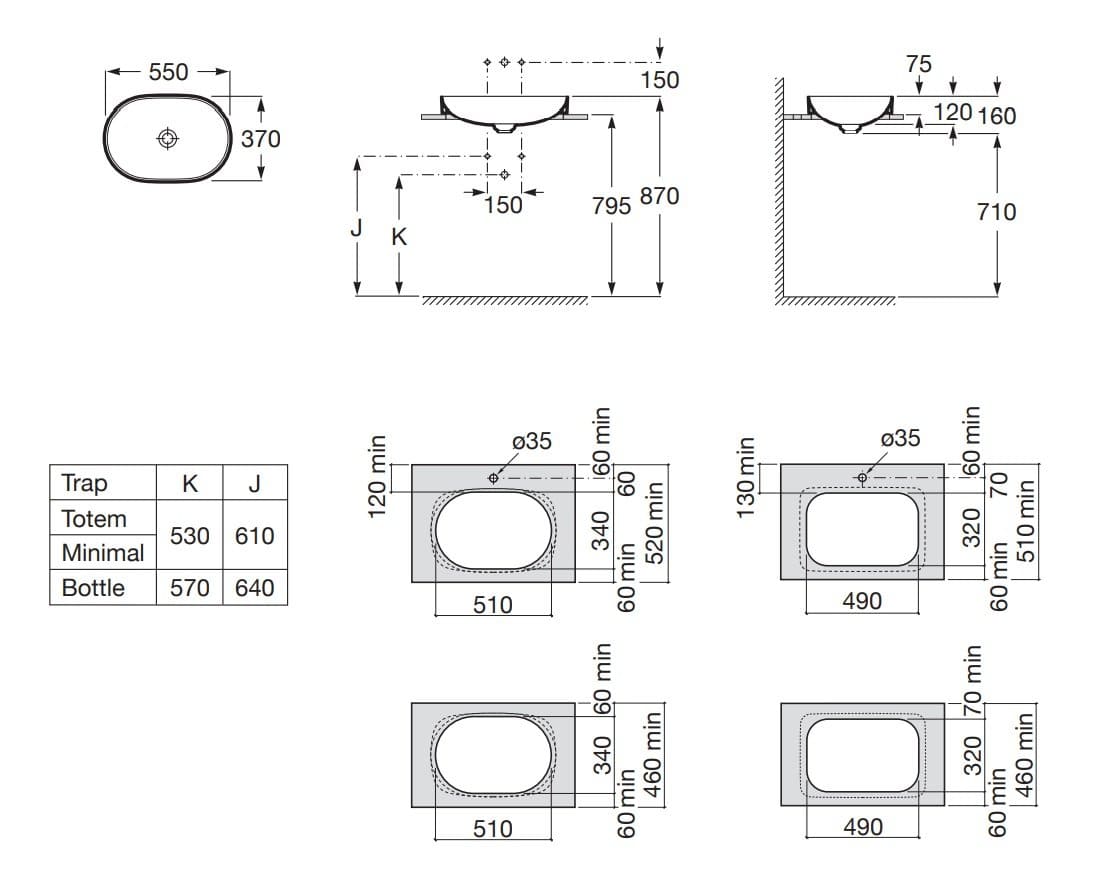 Bản vẽ kỹ thuật chậu lavabo bán âm bàn Tây Ban Nha Inspira Roca A327527660