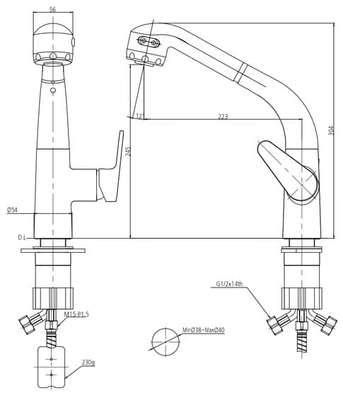  Bản vẽ kỹ thuật Vòi rửa bát nóng lạnh dây rút Mirolin MK504