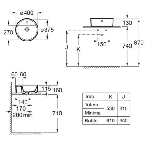 Bản vẽ kỹ thuật chậu lavabo dương bàn đá Tây Ban Nha The Gap Roca A3270MK000
