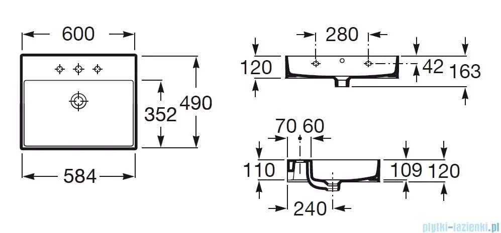 Bản vẽ kỹ thuật chậu lavabo dương bàn Tây Ban Nha Inspira Roca A32752C660