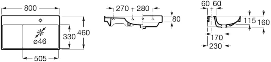 Bản vẽ kỹ thuật chậu lavabo dương bàn Tây Ban Nha Ona Roca A327688000