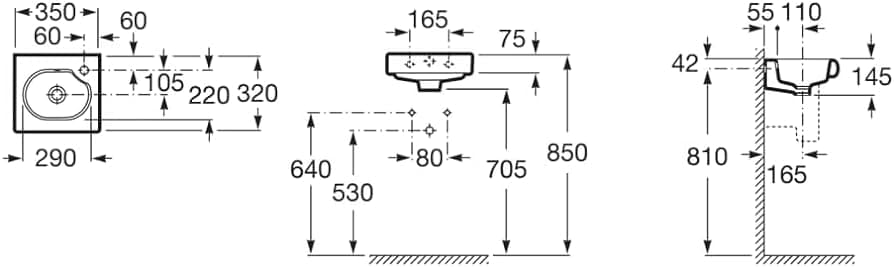 Bản vẽ kỹ thuật chậu lavabo treo tường Tây Ban Nha Meridian Roca A327249000