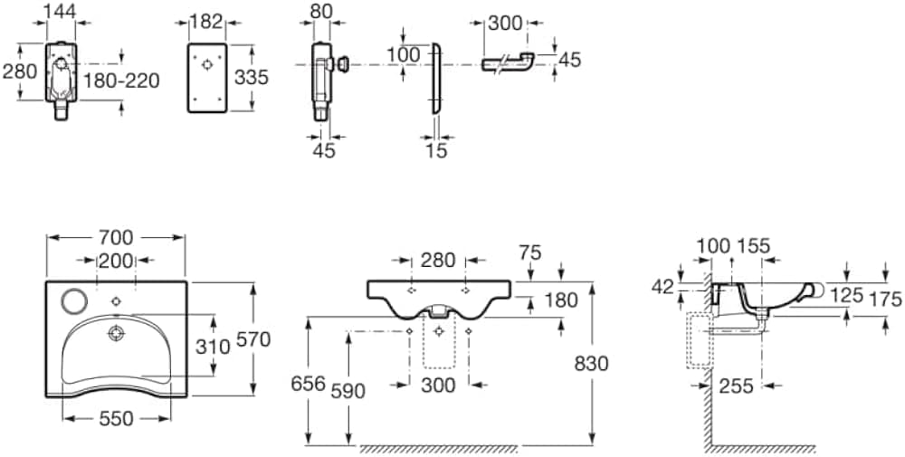 Bản vẽ kỹ thuật chậu lavabo treo tường Bồ Đào Nha Meridian Roca A32724H000
