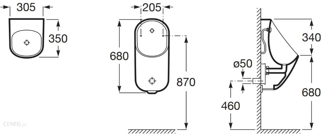 Bản vẽ kỹ thuật bồn tiểu nam treo tường cảm ứng dùng điện Proto Roca A3590J500C