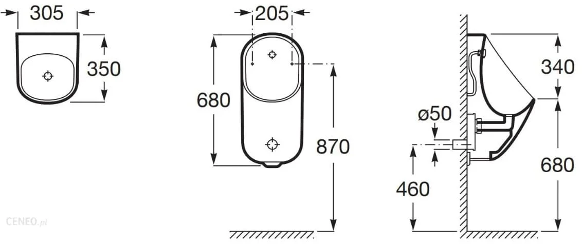 bản vẽ kỹ thuật bồn tiểu nam treo tường cảm ứng dùng pin Proton Roca A3590J400C