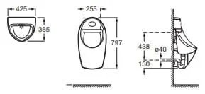Bản vẽ kỹ thuật bồn tiểu nam treo tường cảm ứng dùng pin Euret Roca Z35945E000