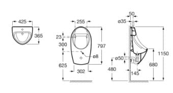Bản vẽ kỹ thuật bồn tiểu nam treo tường Euret Roca Z35945H000