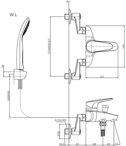 Bản vẽ sen tắm nóng lạnh thường Mirolin MK500-H200