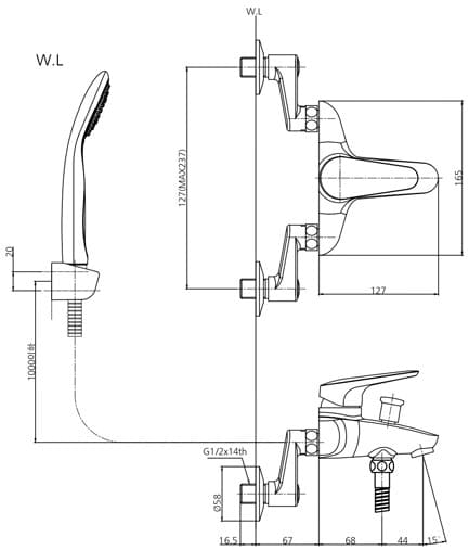 Bản vẽ sen tắm nóng lạnh thường Mirolin MK500-HS020