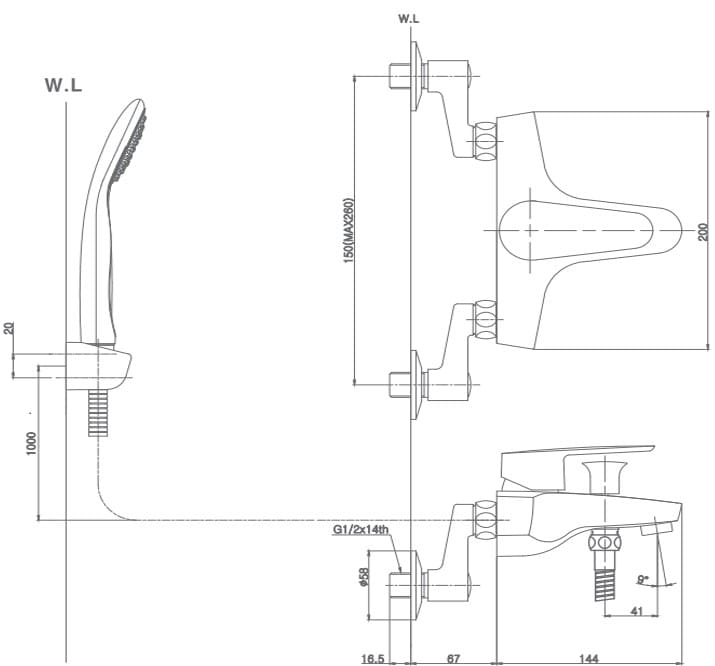 Bản vẽ sen tắm nóng lạnh thường Mirolin MK600-H200