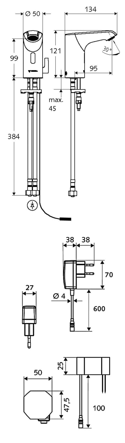 Bản vẽ kỹ thuật vòi cảm ứng nóng lạnh Đức Xeris E Schell 002270699