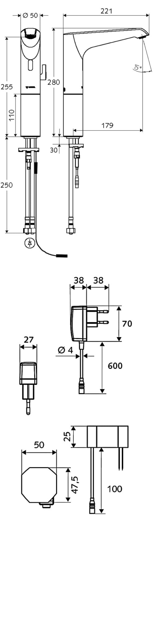 Bản vẽ kỹ thuật vòi cảm ứng nóng lạnh thân cao Đức Xeris E Schell 012810699