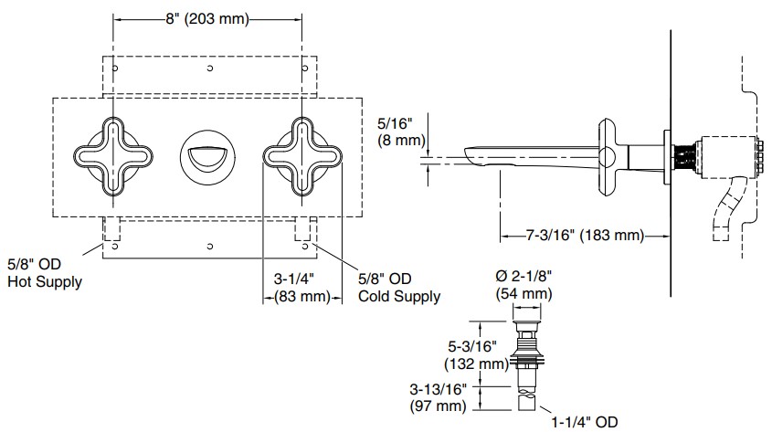 Bản vẽ vòi lavabo nóng lạnh gắn tường Kallista P32076-RST-CP
