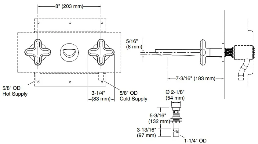 Bản vẽ vòi lavabo nóng lạnh gắn tường Kallista P32076-RST-CP
