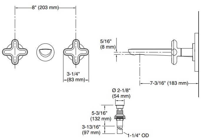 Bản vẽ vòi lavabo nóng lạnh gắn tường Kallista P32076-WC-CP
