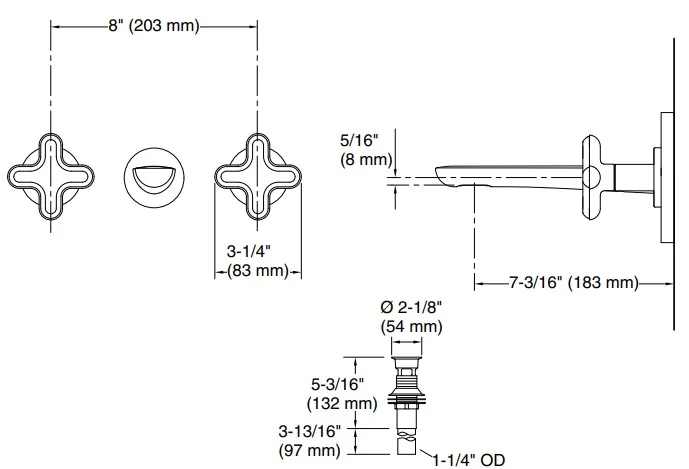 Bản vẽ vòi lavabo nóng lạnh gắn tường Kallista P32076-WC-BL