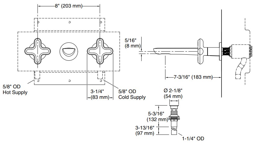 Bản vẽ vòi lavabo nóng lạnh gắn tường Kallista P32076-JST-BAF